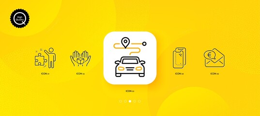 Fototapeta na wymiar Hold box, Journey and Strategy minimal line icons. Yellow abstract background. Smartphone glass, Euro money icons. For web, application, printing. Delivery parcel, Trip distance, Business plan. Vector