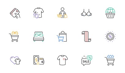 Clothing, Discounts bubble and T-shirt line icons for website, printing. Collection of Wallet, Shopping rating, Buyer icons. Wallet money, Bra, Pillows web elements. Sale bags. Vector