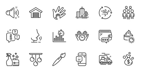 Outline set of Social responsibility, Ceiling lamp and Money bag line icons for web application. Talk, information, delivery truck outline icon. Vector