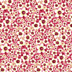 Seamless floral pattern, decorative ditsy print in retro style. Beautiful botanical background with graphic meadow, small hand drawn plants, white flowers, tiny leaves on a pink field. Vector.