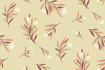Gentle floral print with decorative flowers branches, lush foliage. Seamless pattern, romantic botanical background with small wild flowers, leaves on branches. Surface design in pastel colors. Vector