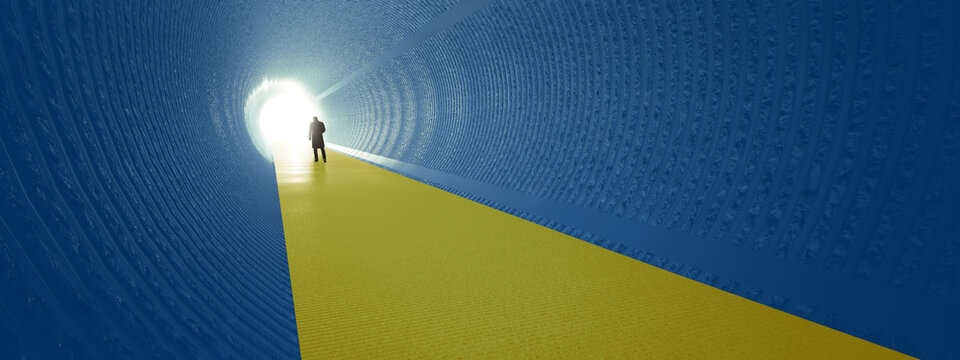Concept or conceptual blue and yellow tunnel, the Ukrainian flag colors, with a bright light at the end as metaphor to hope and faith. A 3d illustration of a black silhouette of walking man to freedom