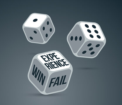 Win or fail or experience dice rolling vector illustration, getting new experience in life concept.