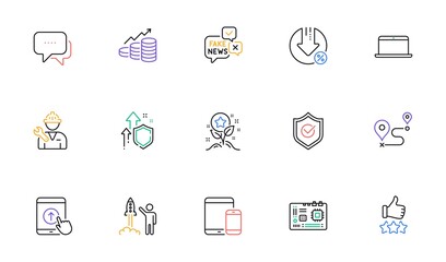 Improving safety, Message and Journey line icons for website, printing. Collection of Loan percent, Loyalty points, Laptop icons. Rating stars, Motherboard, Growth chart web elements. Vector