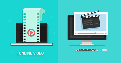 Video editor and film production concept icon vector on computer, movie montage studio maker, digital multimedia creating illustration with clapper board and filmstrip illustration image - obrazy, fototapety, plakaty