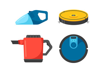 Set Of Vacuum Cleaners, Hand Holding, Robotics And Portable Car Electrical Devices Isolated On White Background © Pavlo Syvak