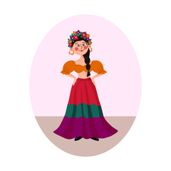 Vector stylized illustration of a cute Spanish girl with flowers on her head in a flat style. Beautiful southern brunette girl with a scythe in a long skirt