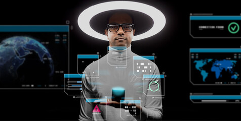 future technology and virtual reality concept - man in glasses with smart speaker under white...