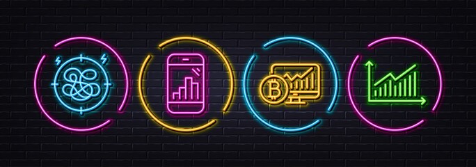 Stress, Bitcoin chart and Graph phone minimal line icons. Neon laser 3d lights. Graph icons. For web, application, printing. Anxiety chat, Cryptocurrency statistics, Mobile statistics. Vector