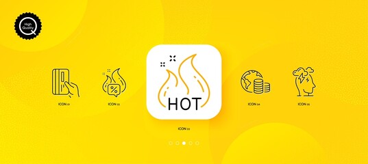 Fototapeta na wymiar Hot offer, Stress and Payment card minimal line icons. Yellow abstract background. Hot sale, Budget icons. For web, application, printing. Sale discount, Mind anxiety, Credit card. Vector