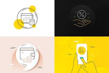 Minimal set of Wallet, Contactless payment and Loan percent line icons. Phone screen, Quote banners. Account icons. For web development. Money budget, Bank money, Discount hand. Vector