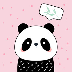 Vector hand drawn baby poster with cute panda. Panda thinks about bamboo. Poster, print on clothes, phone cases, textiles. On a pink background. Kawaii animal. Doodle style.