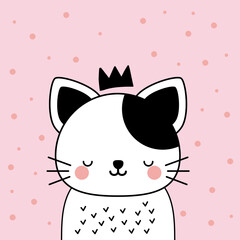 Vector hand drawn kawaii poster. Cute cat in doodle style on a pink background. Wallpaper for kids, print on children's clothes, textiles. 
Kitten with a crown.