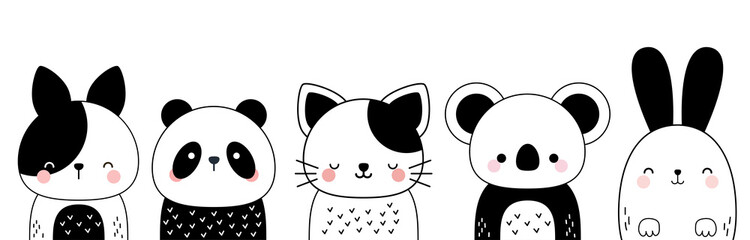 Set of cute hand drawn animals in doodle style. Dog, panda, cat, koala and bunny.