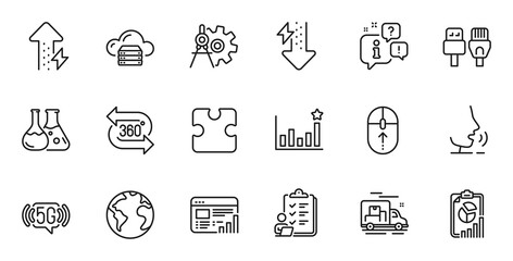 Outline set of Cogwheel dividers, Chemistry lab and Swipe up line icons for web application. Talk, information, delivery truck outline icon. Include Report, 360 degree, Efficacy icons. Vector
