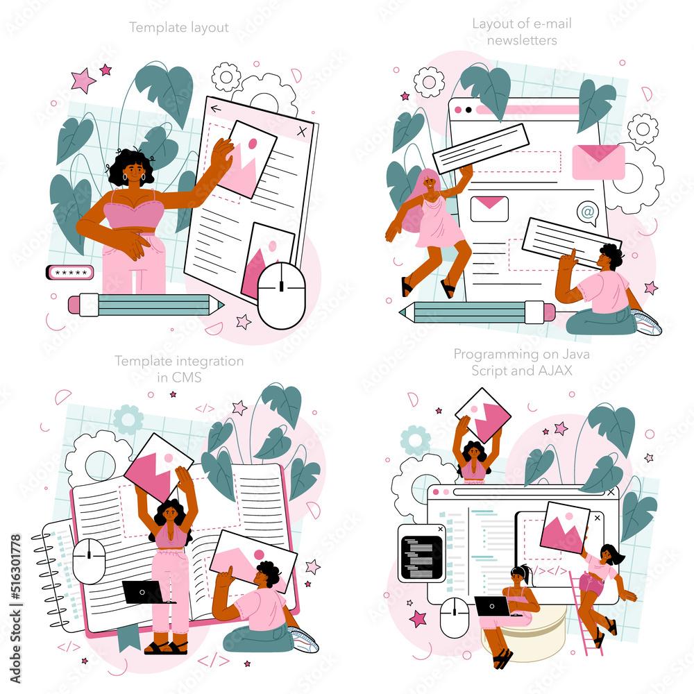 Poster typersetter concept set. website constructing. process of creating