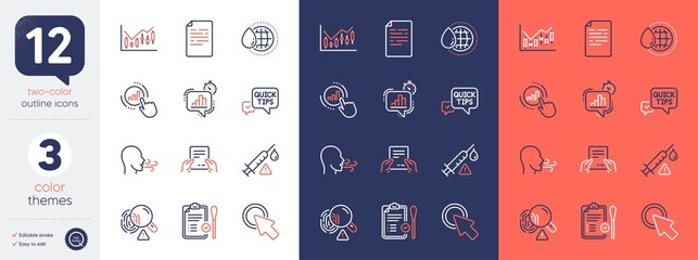 Set of Fingerprint, Statistics timer and Breathing exercise line icons. Include Quick tips, Document, Financial diagram icons. Receive file, Vaccine attention, World water web elements. Vector