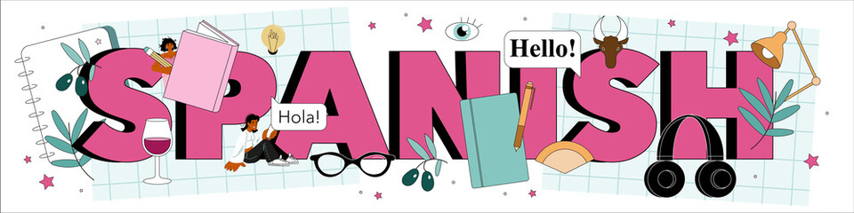 Spanish typographic header. Language school spanish listening, reading © inspiring.team