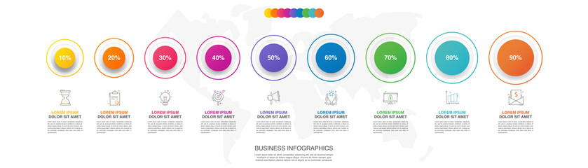 Modern 3D vector illustration. Circular infographic template with nine elements. Contains icons and text. Designed for business, presentations, web design, 9-step diagrams.