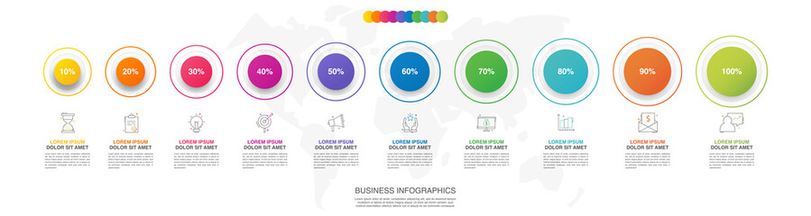 Modern 3D vector illustration. Circular infographic template with 10 elements. Contains icons and text. Designed for business, presentations, web design, 10-step diagrams.
