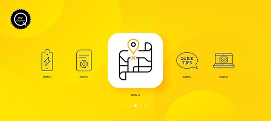 Fototapeta na wymiar File settings, E-mail and Battery charging minimal line icons. Yellow abstract background. Quickstart guide, Map icons. For web, application, printing. Vector