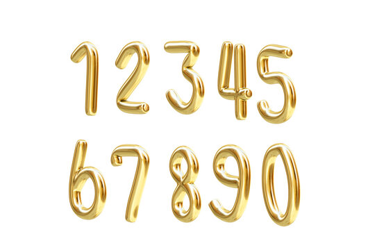 Numbers 0-9 Reflective Gold 3d Render , With Clipping Path , Isolated On White  Background , 3D Rendering Illustration