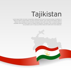 Tajikistan flag, mosaic map on white background. Cover for tajik business booklet. Wavy ribbon with the tajikistan flag. Vector banner design, national poster. State patriotic, flyer, brochure