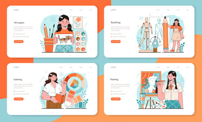 Art school education web banner or landing page set. Student holding