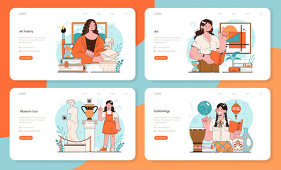 History of art school education web banner or landing page set.