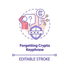 Forgetting crypto keyphrase concept icon. Common blockchain mistake abstract idea thin line illustration. Isolated outline drawing. Editable stroke. Arial, Myriad Pro-Bold fonts used