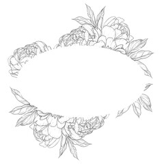 vintage peonies, oval frame, a hand-drawn sketch, a pencil black and white drawing, a bouquet of flowers, a ready-made floral wedding composition of opened flowers