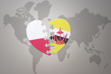 puzzle heart with the national flag of brunei and poland on a world map background.Concept.