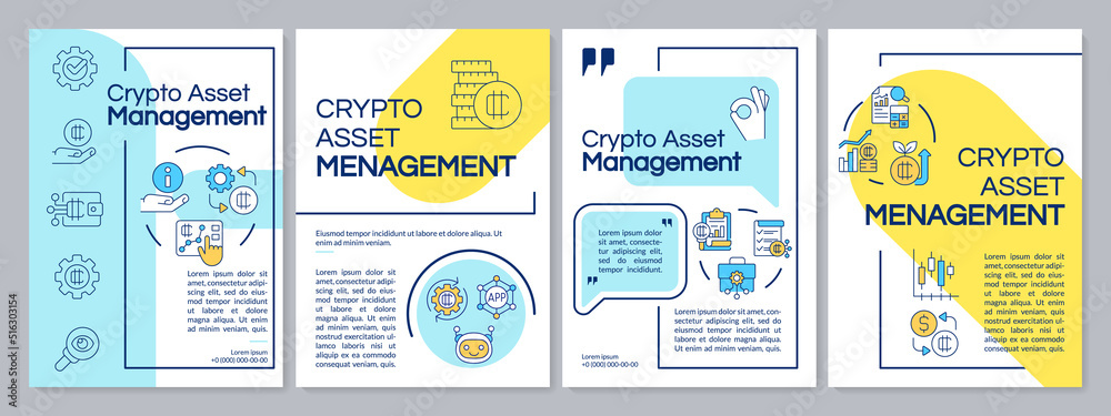 Wall mural tokenized assets management blue and yellow brochure template. crypto. leaflet design with linear ic