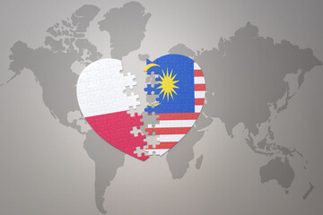 puzzle heart with the national flag of malaysia and poland on a world map background.Concept.