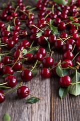 Sour cherries on wooden table