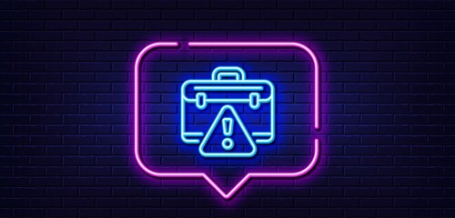 Neon light speech bubble. Warning briefcase line icon. Attention triangle sign. Caution diplomat symbol. Neon light background. Warning briefcase glow line. Brick wall banner. Vector