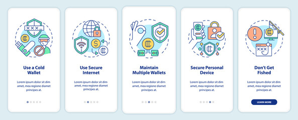 Crypto wallet security onboarding mobile app screen. Earnings safety walkthrough 5 steps editable graphic instructions with linear concepts. UI, UX, GUI template. Myriad Pro-Bold, Regular fonts used