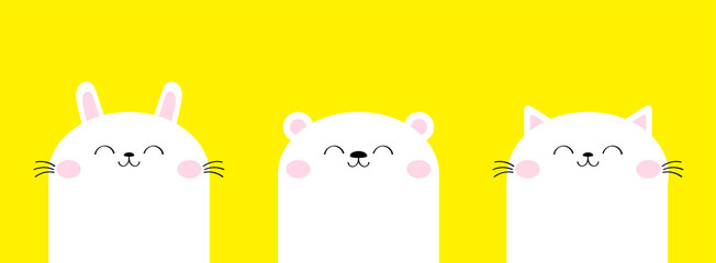 White cat kitty, kitten, bear cub bunny rabbit icon set. Cute kawaii animal. Cartoon baby character. Funny face head. Kids print for poster, t-shirt cloth. Flat design. Yellow background.