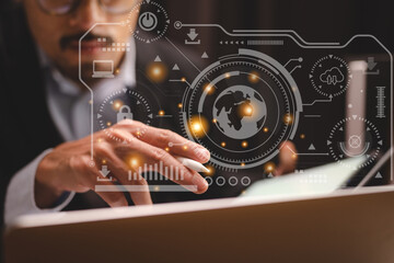 Hands of young business man holding digital pen while reading and looking at document