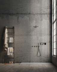 Wall simulating industrial. Shower tray and modern style faucet. minimalist. Decorating a ladder-style shelf with towels and decorative elements
