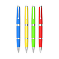 A set of pens from different colors on a white background.