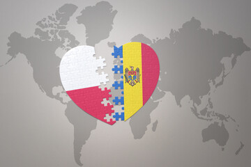 puzzle heart with the national flag of moldova and poland on a world map background.Concept.