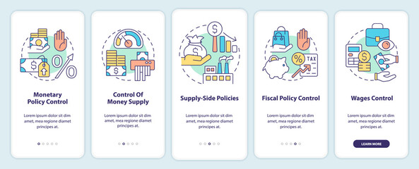 Controlling inflation onboarding mobile app screen. Walkthrough 5 steps editable graphic instructions with linear concepts. UI, UX, GUI template. Myriad Pro-Bold, Regular fonts used