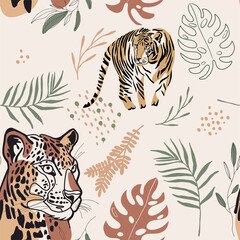 Fototapeta na wymiar Tiger and leopard seamless pattern with floral elements vector