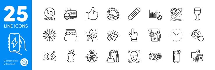 Outline icons set. Love gift, No vaccine and Project edit icons. Pillows, Beer glass, Cyber attack web elements. Health eye, Plants watering, Organic waste signs. Budget accounting. Vector