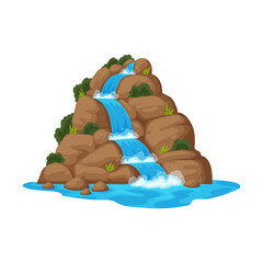 Cartoon cliff with water cascade flow, mountain and forest scenery, green bushes. Vector waterfall natural landscape, game asset web design © Vector Tradition