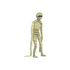 Obraz premium Cartoon spooky mummy Halloween character, isolated vector bandaged monster. Eerie personage, costume for kids party, horror egyptian mummified human body with red glowing eyes wrapped in bandage