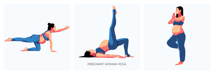 Set of happy pregnant girls in a sports suit doing yoga and exercises for health and relaxation. International Yoga Day. The pregnant woman performs aerobics exercises and morning meditation at home.