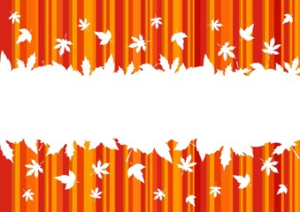 Autumnal background with stripes and leaf silhouettes, autumn leaves fall, vector banner. Autumnal background for sale season or thanksgiving autumn holiday with red orange maple leaf pattern in frame