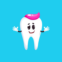 Dental care emblem, tooth happy emoticon with toothpaste, whitening and toothache, healthy oral smile, enamel teeth icon. Vector funny tooth cartoon character, dentistry clinic superhero